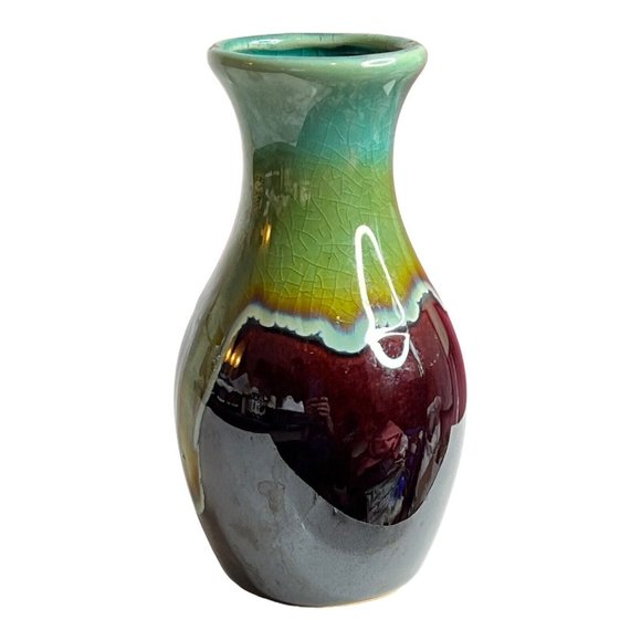Unbranded unsigned Blue Green Brown drip‎ glaze 5” bud vase crazing FLAW - Picture 5 of 10